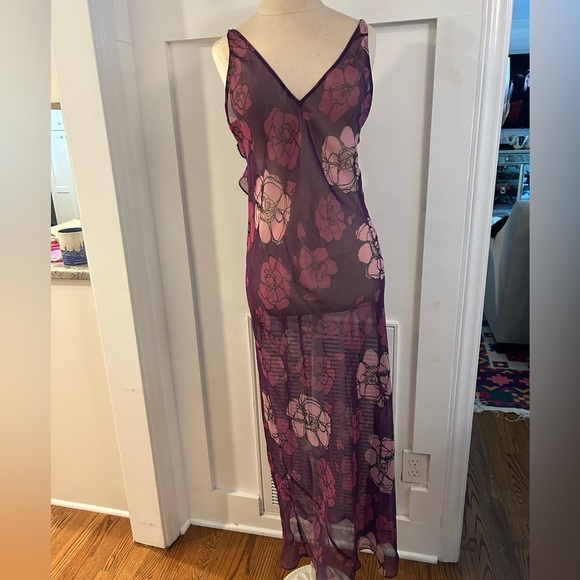 Y2k Frederick’s of Hollywood Sheer Chiffon Floral Purple Maxi Gown Slip Dress S - Picture 1 of 5